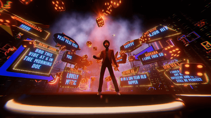 Avatar The Weeknd dalam konser virtual di TikTok berdiri di atas panggung dengan papan neon bertuliskan komentar netizen